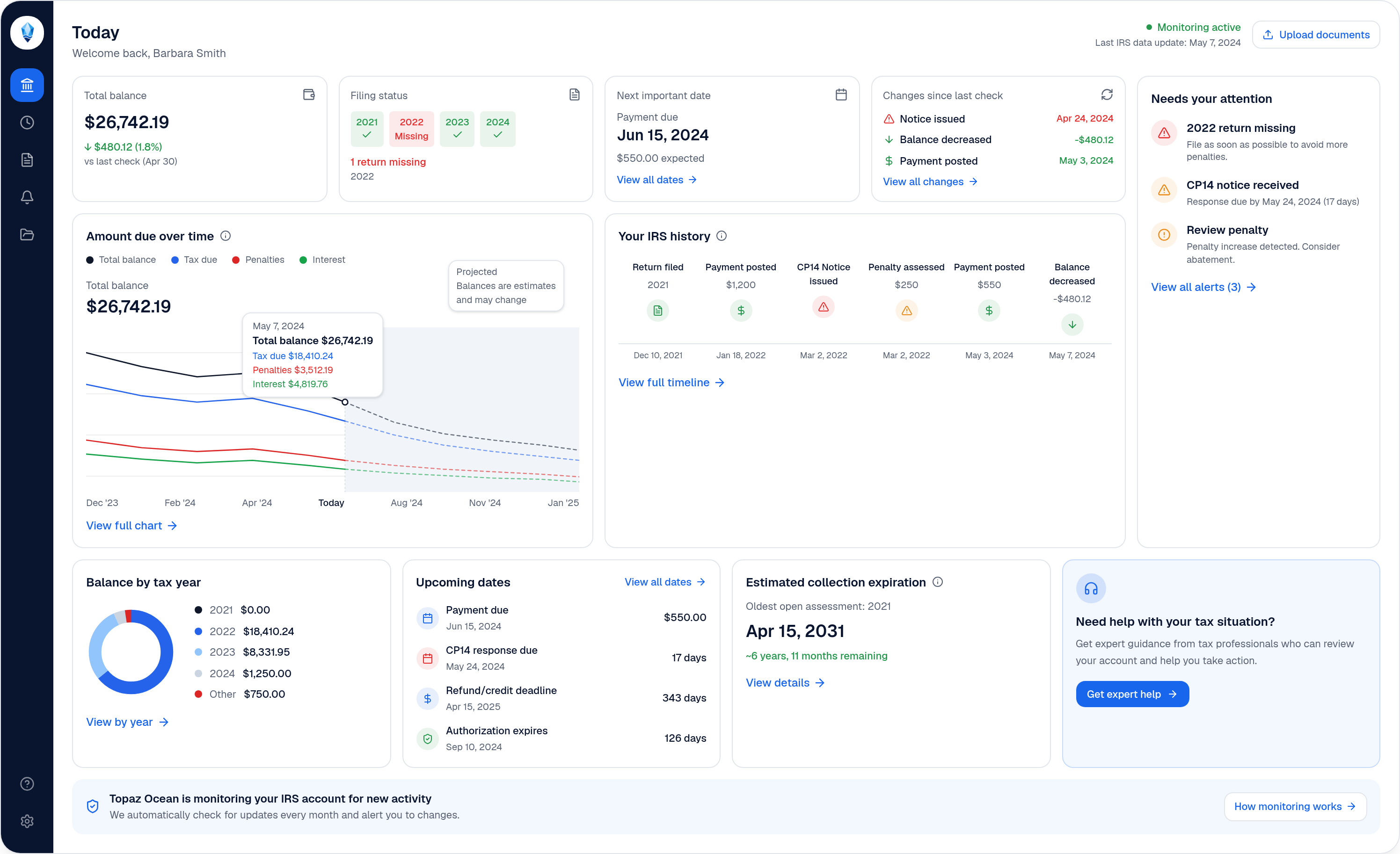TOPAZ dashboard showing IRS balance, filing status, account changes, tax history, upcoming dates and collection information.